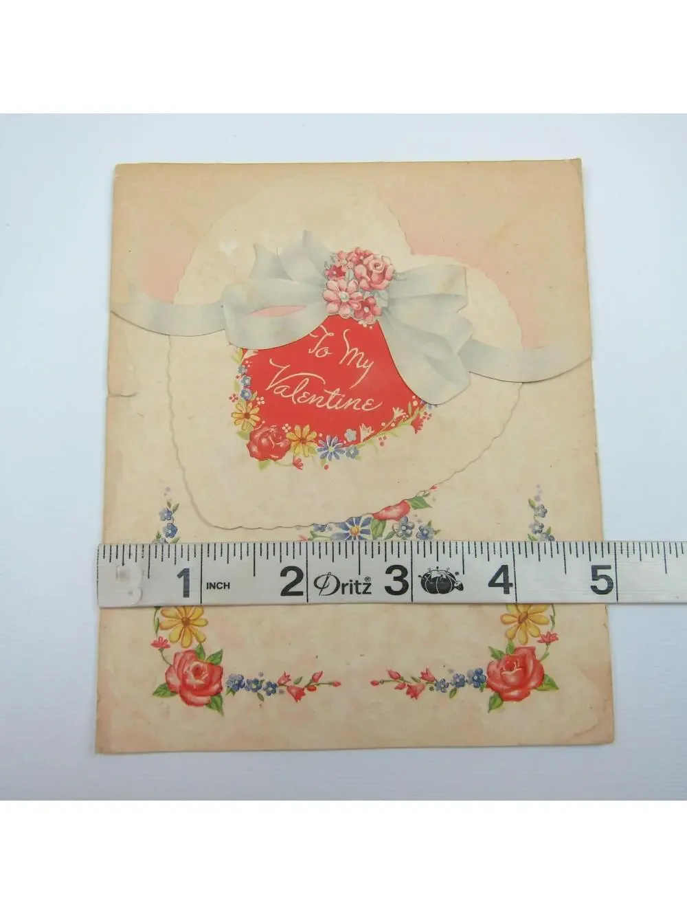 Vintage Valentine Card Flowers Blue Yellow Red Heart Ribbon Fold Golden Bell